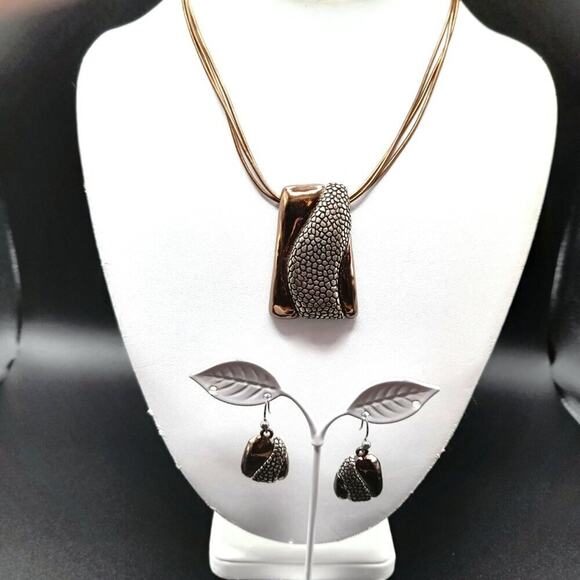 Chico's Bronze Silver Pendant Necklace Drop Earrings Set, Three Gold Cords, 20" - Picture 3 of 12